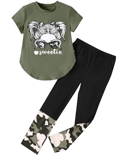 Image of Girls Outfits Short Sleeve Irregular Tops + Camouflage Long Legging Outfits 2PCs Summer Pant Sets 6-14T