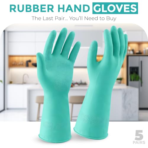 Image of LADWA Premium Rubber Cleaning Gloves, Green Color Reusable Waterproof Gloves for Kitchen Cleaning, Dishwashing, Gardening and Bathroom Use with Durable Grip (Pack of 5 Pairs)