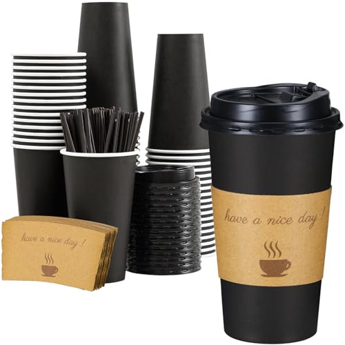 Lamosi 20 oz Disposable Coffee Cups with Lids 50 Pack Hot Paper To Go Cups with Lids Stir Sticks and Sleeves for Home Travel Office