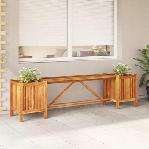QUAHEAS Banc de jardin en bois massif d'acacia résistant aux intempéries, avec 2 pots de fleurs intégrés, 150 x 30 x 40 cm, banc en bois d'extérieur pour terrasse et jardin, siège extérieur