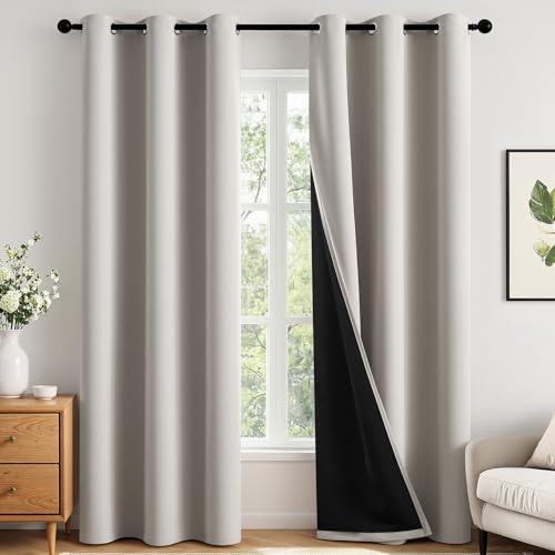Image of MIULEE Stone 100% Blackout Curtains for Bedroom 90 Inch Long | 2 Thick Layers Thermal Insulated Window Curtains with Black Liner, Noise Reducing Grommet, Drapes for Living Room, 2 Panels