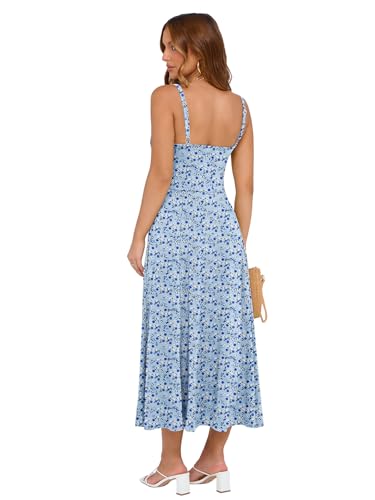 Image of YATHON Women's Summer Midi Corset Boho Dresses Spring Casual Floral Spaghetti Straps Lace Up Dress Flowy Aline Beach Sundress