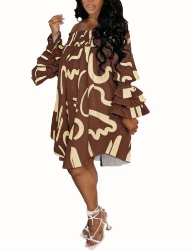 Image of WOKANSE Party Dresses for Women Off Shoulder Layered Flare Sleeve A line Ruched Plus Size Midi Summer Dress