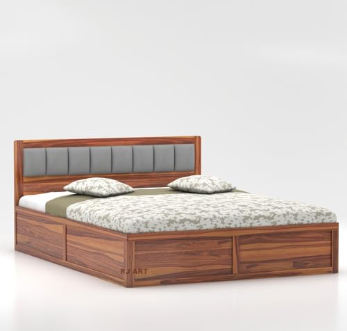 Image of Wooden Queen Size Bed with Storage | Double Bed Cot Bed with Box Storage & Upholstered Cushioned Headboard for Bedroom | Sheesham Wood, Teak Finish, Recommended Mattress | Size: 78 X 60