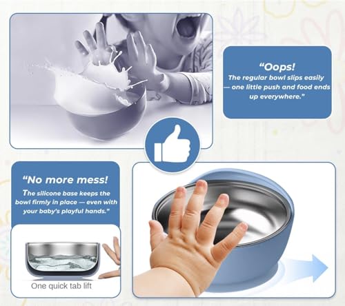 Image of NYALA Stainless Steel Toddler Plates Silicone Suction, Non-Slip Baby Plates BPA Free,Unbreakable Dishwasher Safe (Blue, Bowl)