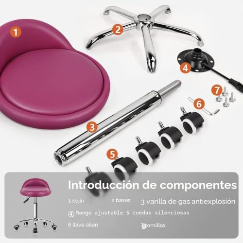 Miniatura 7 de Kktoner Taburete De Cuero Artificial Con Respaldo Giratorio Taburete Con Ruedas De Altura Ajustable Con Ruedas Para Pintar Tatuaje Masaje Spa Tienda Taburete De Trabajo Rosa Rojo