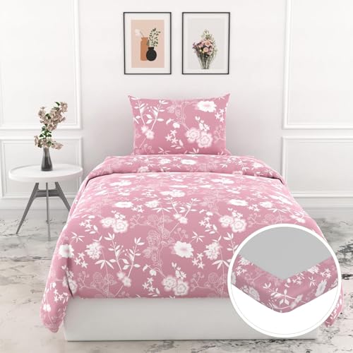 Image of LORETO - A QUALITY LINEN BRAND 100% Cotton Elastic Fitted Bedsheets Single Bed with 1 Pillow Cover All Around Elastic Fitted Bed Sheet for Single Size Mattress - 72 x 36 Inch, Blush Pink Vine Blooms