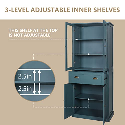 Mupater Kitchen Pantry Storage Cabinet Microwave Hutch, 72'' Freestanding Hutch Cabinet Buffet Cupboard Tall With Drawer And Doors For Home Kitchen Living Room, Blue #TOP3
