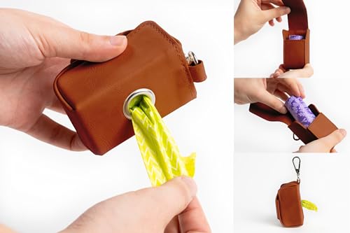 BEBOTAN Hundekotbeutel Spender mit Karabiner – Hochwertiger Kotbeutelhalter aus veganem Kunstleder inkl. 1 Rolle Hundekotbeutel – Praktisches Hundezubehör für unterwegs (Braun)