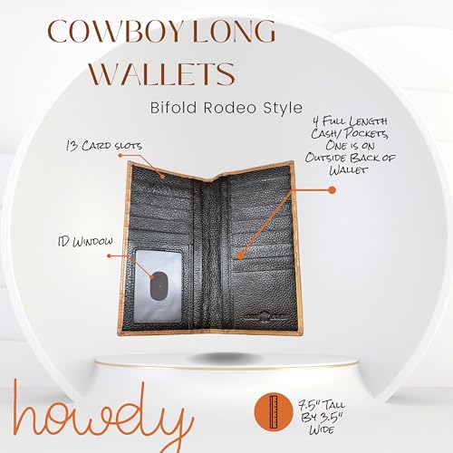 Men’s Long Leather Rodeo Wallet – Hand Tooled Basketweave, Brown Cowhide Inlay, Lone Star Concho – Western Checkbook Bifold Wallet4