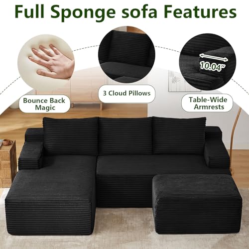 Image of 96.1 inch Modular Sectional Sofa with Ottoman, Modern Corduroy Cloud Couch, Boneless Couch Upholstered 3-Seater U-Shaped Sofa for Living Room, No Assembly (Black, Left-Facing Chaise)