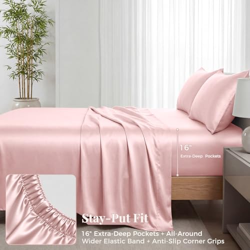 ANSSO Viscose Derived from Bamboo Sheets King Size, 400 TC Luxury Silky Bedding Sheets with 16" Deep Pocket,Ultra Breathable Cooling Bed Sheets for Hot Sleepers-4 Piece Set (Pink) — view 6