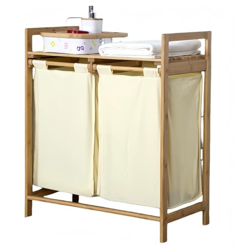 ランドリー収納 竹製 洗濯かご 2段 laundry basket 引き出し式 ランドリー バスケット大容量 洗濯物かご 洗面所 収納ボックス せんたく衣類 タオル 分類 防水多機能 収納ラック バスルーム 脱衣所 玄関 リビング 簡単組立 (イエロー)