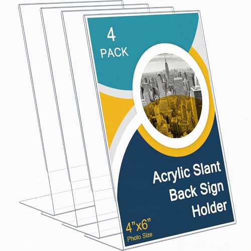 Qilery 4 Pcs Acrylic Sign Holder Clear Display Stand Frame Table Top Slant Back Plastic Sign Holder Flyer Document for Menu Workers Teachers Office School Desktop (4 x 6 Inch)