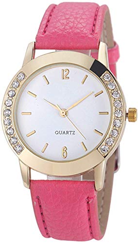 Women's Diamond Crystal Rhinestone Leather Quartz Wrist Watch Pink