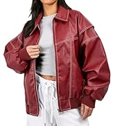 ksotutm Oversized Leather Jacket Women Vintage Zip Up Bomber