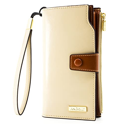 ANDOILT Women's RFID Blocking Large Capacity Luxury Wax Genuine Leather Clutch Wallet Card Holder Organizer Ladies Purse Black