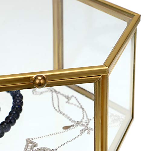 Hipiwe Vintage Glass Jewelry Box - Golden Hexagonal Jewelry Display Organizer Keepsake Box Home Decorative Box Case For Storage Trinket Ring Earring Chest #TOP3