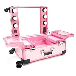 Ali Lamps Mit Spiegel mit LED Bulb Trolley Kosmetiktasche, Beruf mit Make-up Artist Light Box, Universal-Rad Braut Make-up Box (Farbe : Pink, größe : With bracket)