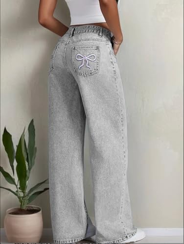 Image of Nifty Women's Denim Stretchable High Waist Light Wash Baggy Jeans || Back Pocket Bow tie Detail