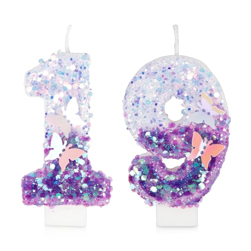 Birthday Candles, Number 19 Candle, Butterfly 19th Birthday Decorations for Women/Girl, Purple Happy Birthday Candle for Cake,Handmade Sequin Numeral Candle Wedding Cake Topper Anniversary Party Decor