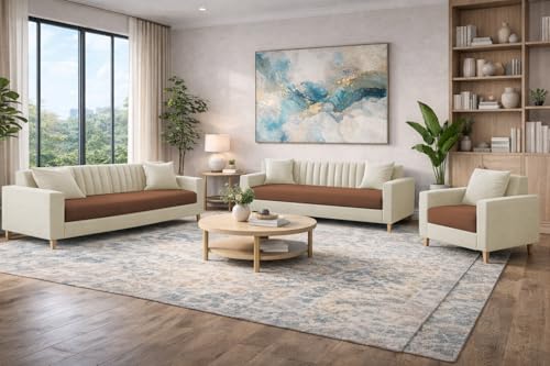 Image of Casaliving Garcia 3+2+1 Seater Sofa Set for Living Room (Cream Brown Colour) Premium Fabric Sofa