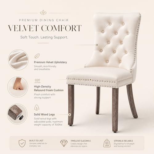 Image of Velvet Dining Chairs, Tufted Kitchen & Dining Room Chairs, Beige, Set of 6