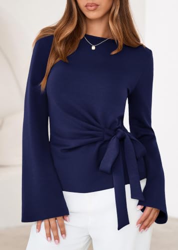 Lazysmile Womens 2026 Spring Long Sleeve Shirts Crewneck Tie Waist Crop Going Out Tops Casual Business Blouses Navy — view 3