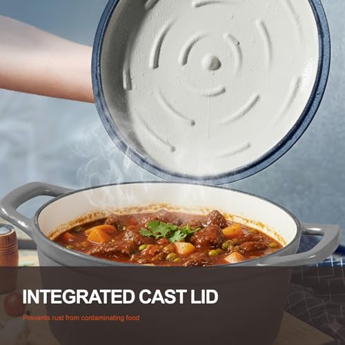 Overmont Enameled Cast Iron Dutch Oven - 5.5QT Pot with Wide Handles Lid Cookbook & Cotton Potholders - Heavy-Duty Pre-Seasoned Cookware Oven Safe to 500°F for Braising, Stews, Roasting, Sourdough Baking Grey by Overmont - Image 3