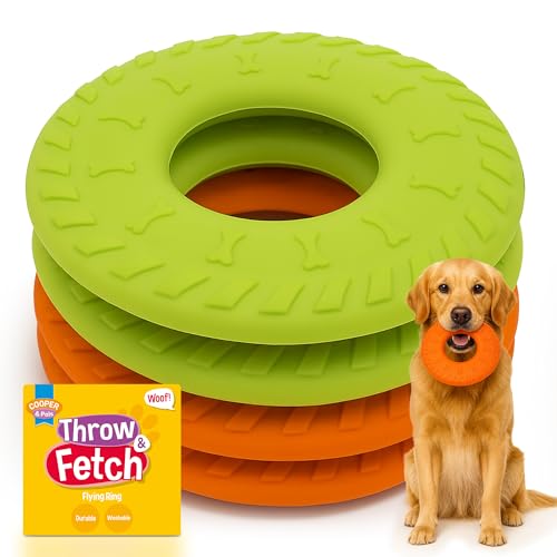 SOL Cooper & Pals 4pk Flying Disc Ring Interactive Dog Toys Rubber Floating Fetch For Garden Beach Water Pool Outdoors - Medium to Large Breeds For Active Play & Exercise