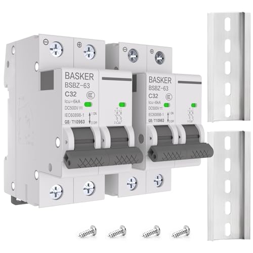 BASKER DC Circuit Breaker 2 Pack, 32 Amp 2 Poles 500V Solar Disconnect Switch for Solar PV System Solar Panels Grid System,Thermal Magnetic Trip,DIN Rail Mount, DC Breaker MCB (32A)