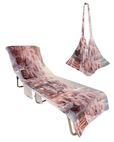 Christmas House Beach Chair Towel Covers for Chaise Lounge with Side Pocket, Soft Plush Pool Towels Cover for Patio Sunbathing Outdoor 29''x85'' Blush Pink Romantic Snowflake