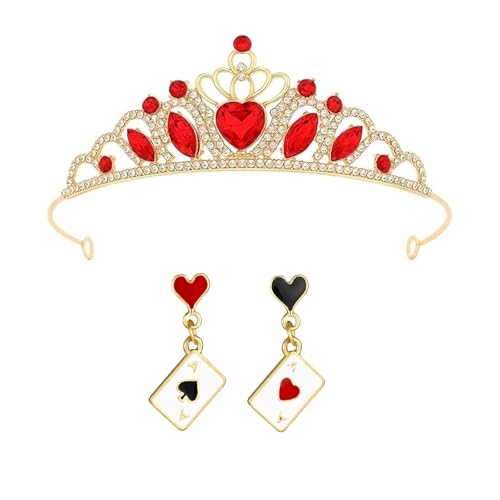 YgonziRuvc 3-Piece Queen of Hearts Accessories Set: Red Crown & Poker Card Earrings Elegant Headband for Cosplay Birthday Parties & Costume Jewelry
