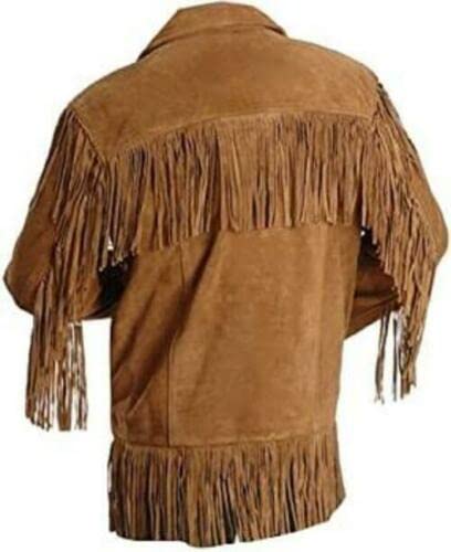 Western Cowboy Leather Jacket with Fringed Native American Suede Beaded Traditional Leather Long Coat