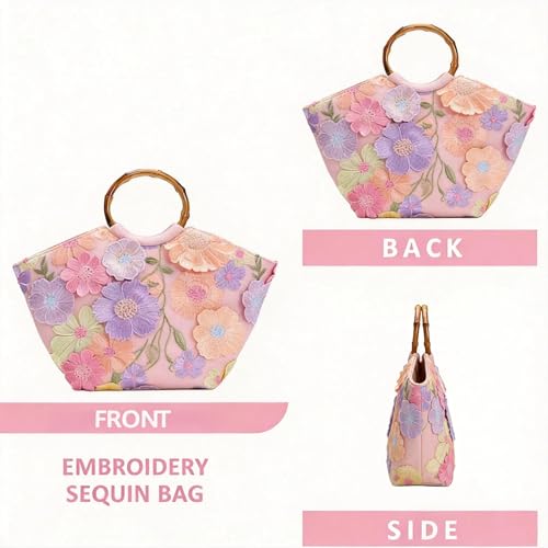 Bolso Tote con Mango de Bambú y Bordado 3D para Mujer miniatura 7