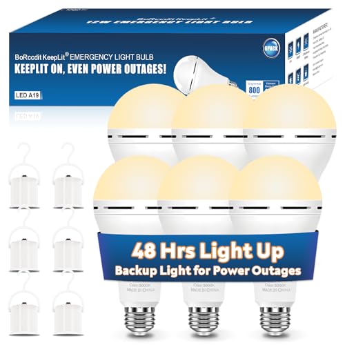 BoRccdit KeepLit 6 Pack Emergency Rechargeable Light Bulbs, 48H Long Lasting & 3 Brightness Power...