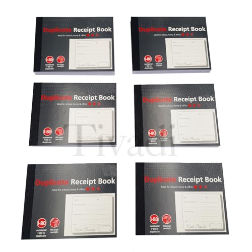 TIVADI Duplicate Receipt Book, Cash Book, A6 Size, 80 Pages, Numbered 1-80, Pack of 6 Books