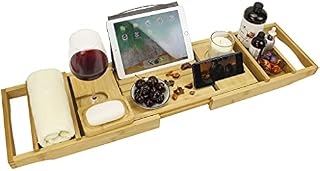 SMIBUY Bamboo Bathtub Caddy Tray, Expandable Bath Table Over Tub For 1-2 Person, Luxury Bath & Bed Tray with Wineglass Book & Free Soap Holder (Natural)