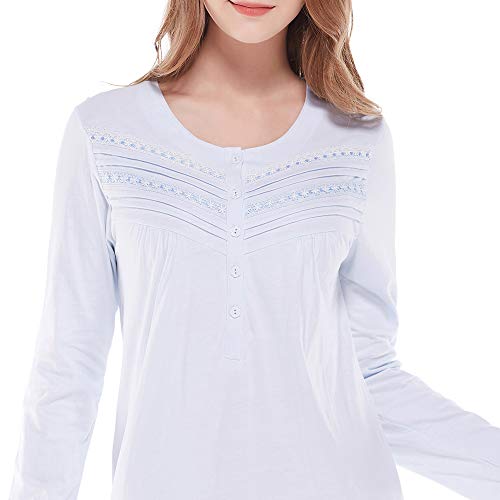 Keyocean Nightgown for Women, 100% Cotton Long Sleeves Lightweight Comfy Ladies Sleeping-Gown, Light Blue, Large