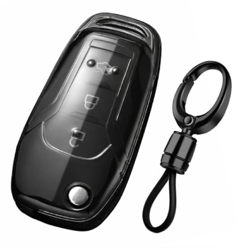 Image of JVCV Soft TPU Transparent Black Key Cover Compatible with Ford Endeavour Figo Aspire Freestyle 3 Button Folding Key with Keychain | Shockproof Protective Case (Transparent Black Style A)