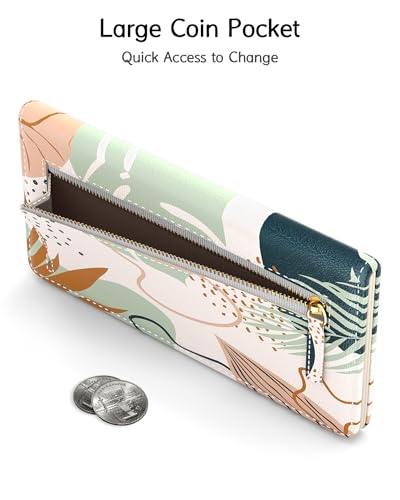 Nipichsha Womens Wallet, RFID Slim Wallets for Women, Thin Ladies Credit Card Holder Purse, Cute Leather Bifold Clutch Billfold with 11 Card Slots & ID Window, Boho Leaves4