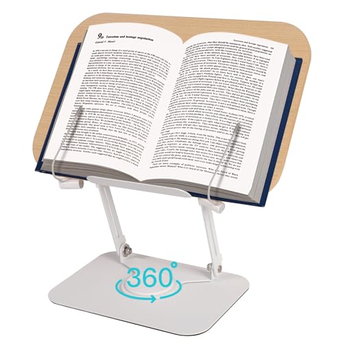 Book Holder for Reading, Adjustable Cookbook Stand with 360° Swivel Base Foldable Recipe Book Stand Portable Bookstands Document Holder with Page Clips for Tablet Office Textbook Kindle (Wood Color)