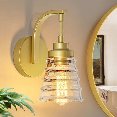 Image of Gold Bathroom Wall Sconce, Brass Wall Light Fixture with Glass Shade