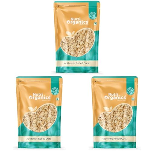 Image of NutriOrganics Rolled Oats 1 Kg - Diet Food | 100% Wholegrain Jumbo Oats | Oats For Weight Management | High Fibre Breakfast | Rich In Protein (Pack of 3)