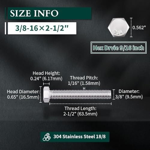 Image of 3 /8-16 x 2-1 /2 inch Hex Head Bolts Screws, 304 Stainless Steel 18-8, Fully Threaded, Hexagon Head Cap Bolts Screws, Coarse Thread UNC, 20 PCS