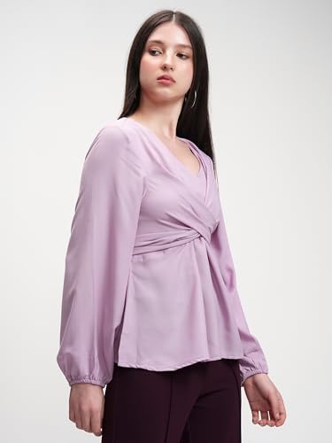 Image of Tokyo Talkies Women's Twisted Wrap V-Neck Top | Short Sleeves | Stylish & Flattering | Perfect for Dates, Brunches & Casual Outings | Tops for Woman | Women Tops | Stylish Top