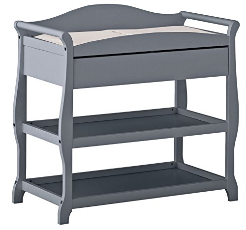 Storkcraft Aspen Changing Table with Drawer Gray Sleigh Design Changing Table with Changing Pad and Safety Strap Oversized Drawer and Two Storage Shelves