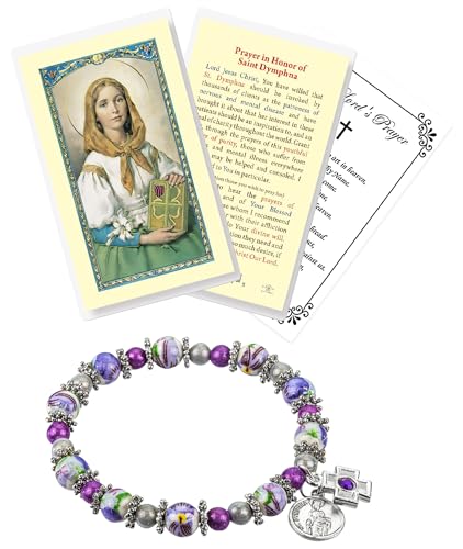 St Dymphna Bracelet - Saint Dymphna Prayer Card The Lords Prayer Card - Stretchable Round Saint Dymphna Bracelet with Purple and Amethyst Beads - St.Dymphna Bracelet and Cards Set of 3 Items