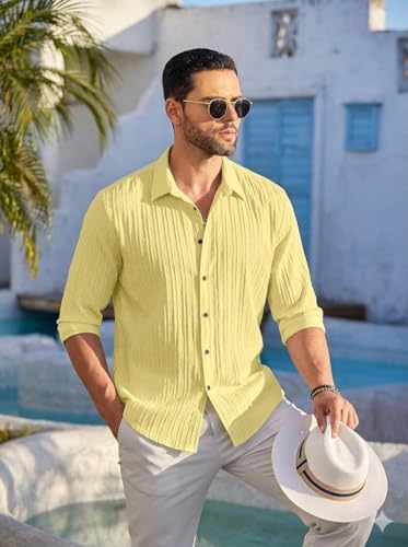 Image of FINIVO FASHION Men's Casual Cotton Plain Button Down Shirt Long Sleeve Textured Summer Beach Shirt for Men