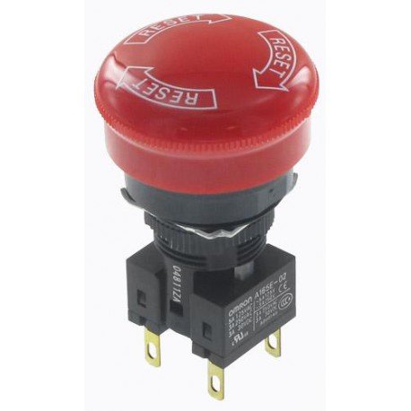 Omron A165E-S-02 Emergency Stop Operation Unit and Switch, Solder Terminal, IP65 Oil-Resistant, 16mm Mounting Aperture, Non-Lighted, Push-Lock Turn-Reset Operation, 30mm Diameter, Double Pole Single Throw Normally Closed Contacts